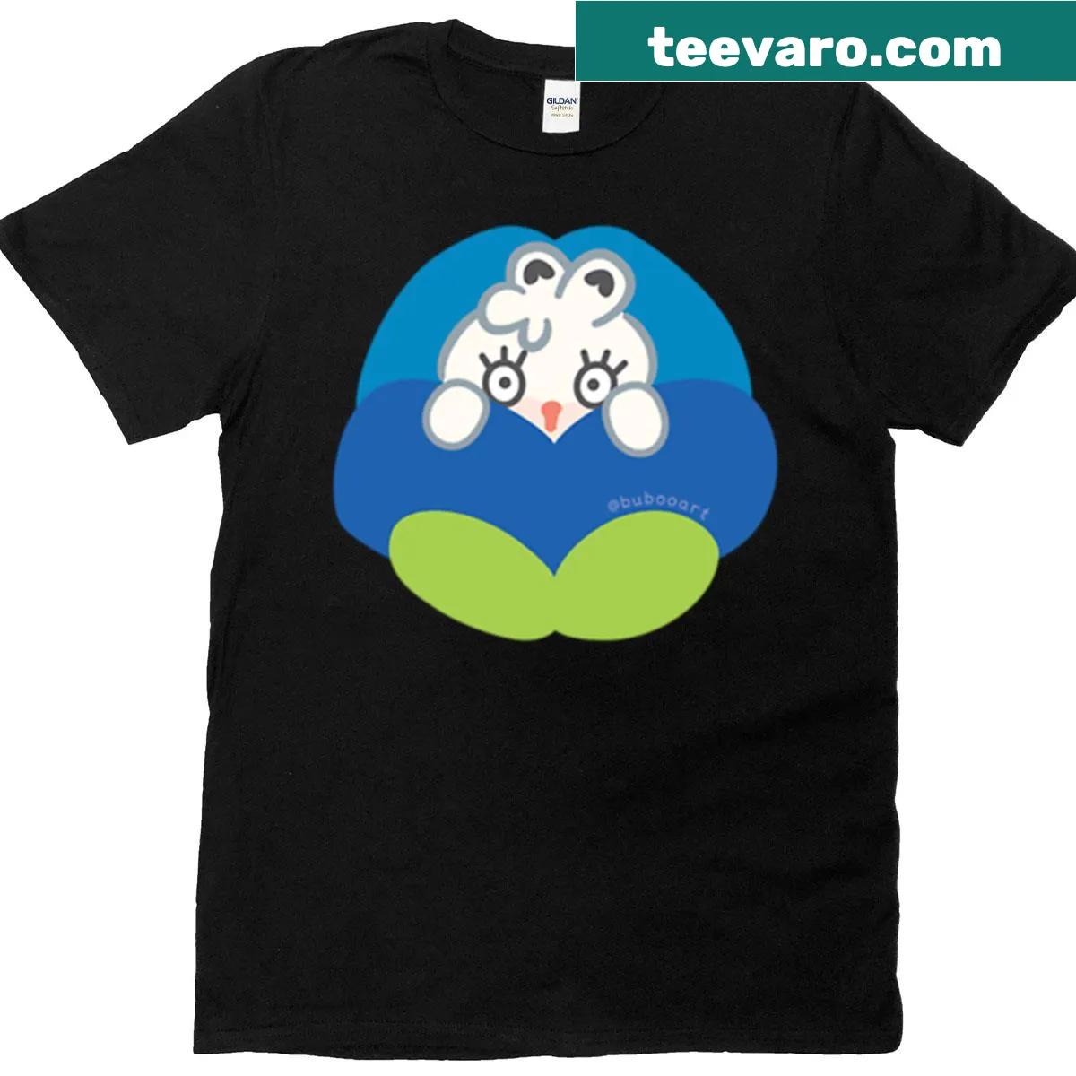 Cute cartoon rabbit with fluffy design among flowers on T-shirt — on a men's t-shirt