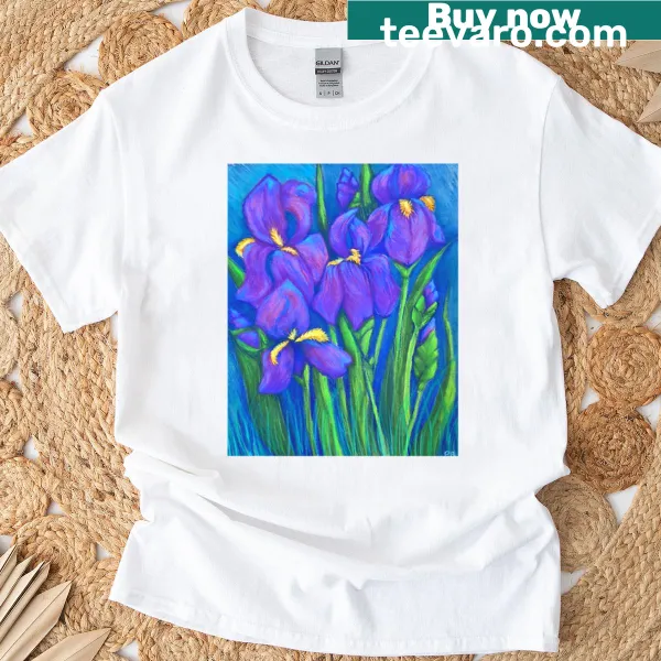 Detailed illustration of irises on a T-shirt