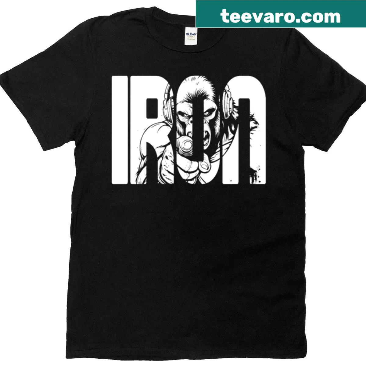 T-shirt featuring a playful illustration of a muscular gorilla — on a men's t-shirt