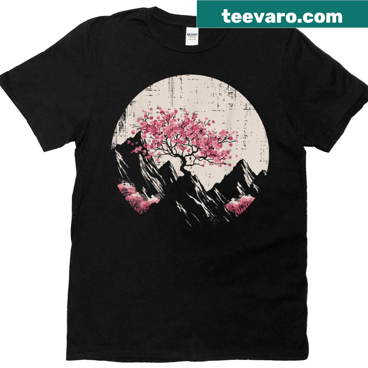 T-shirt featuring Japanese cherry blossoms and mountains design — on a men's t-shirt