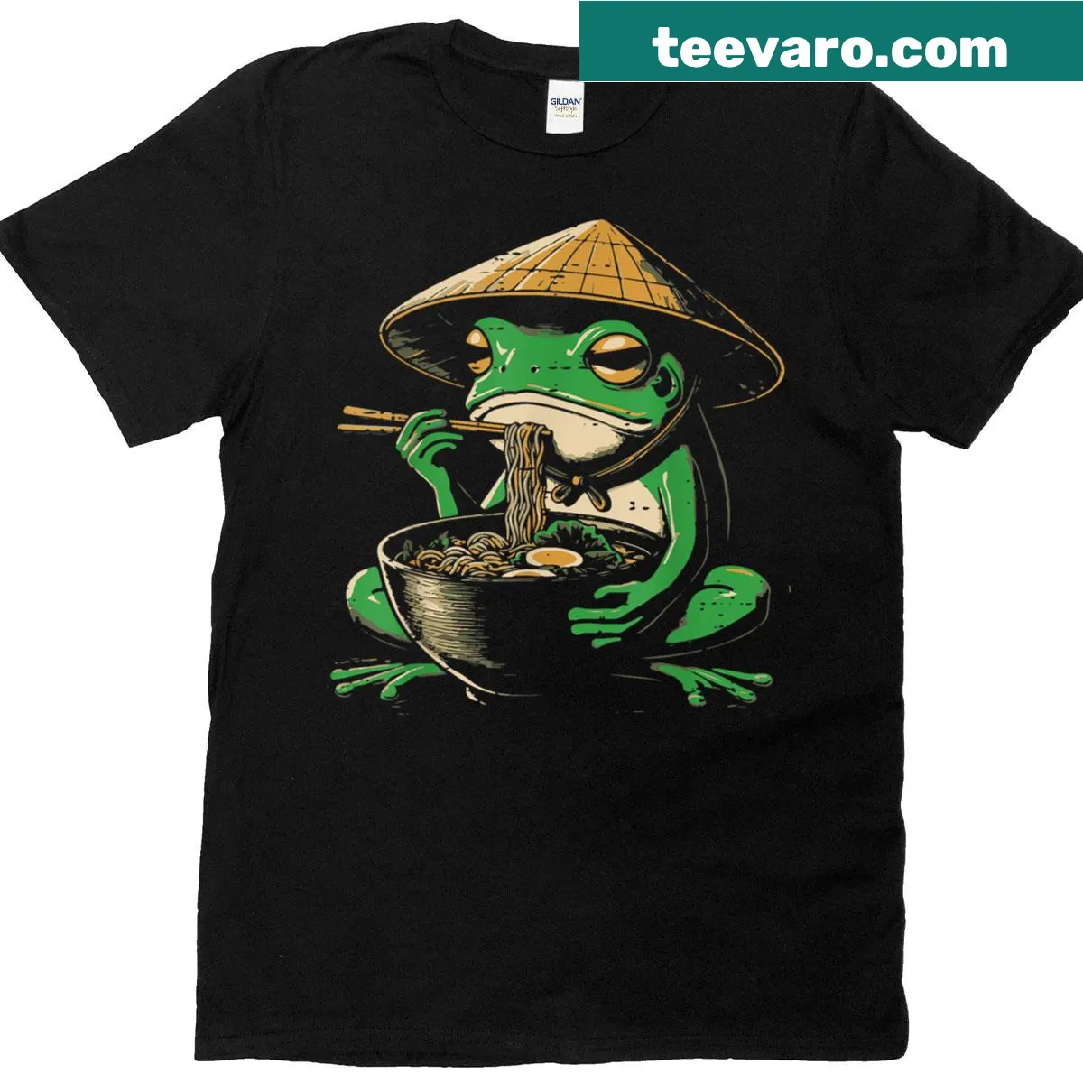 Kawaii t-shirt with a cute Japanese frog and ramen art — on a men's t-shirt