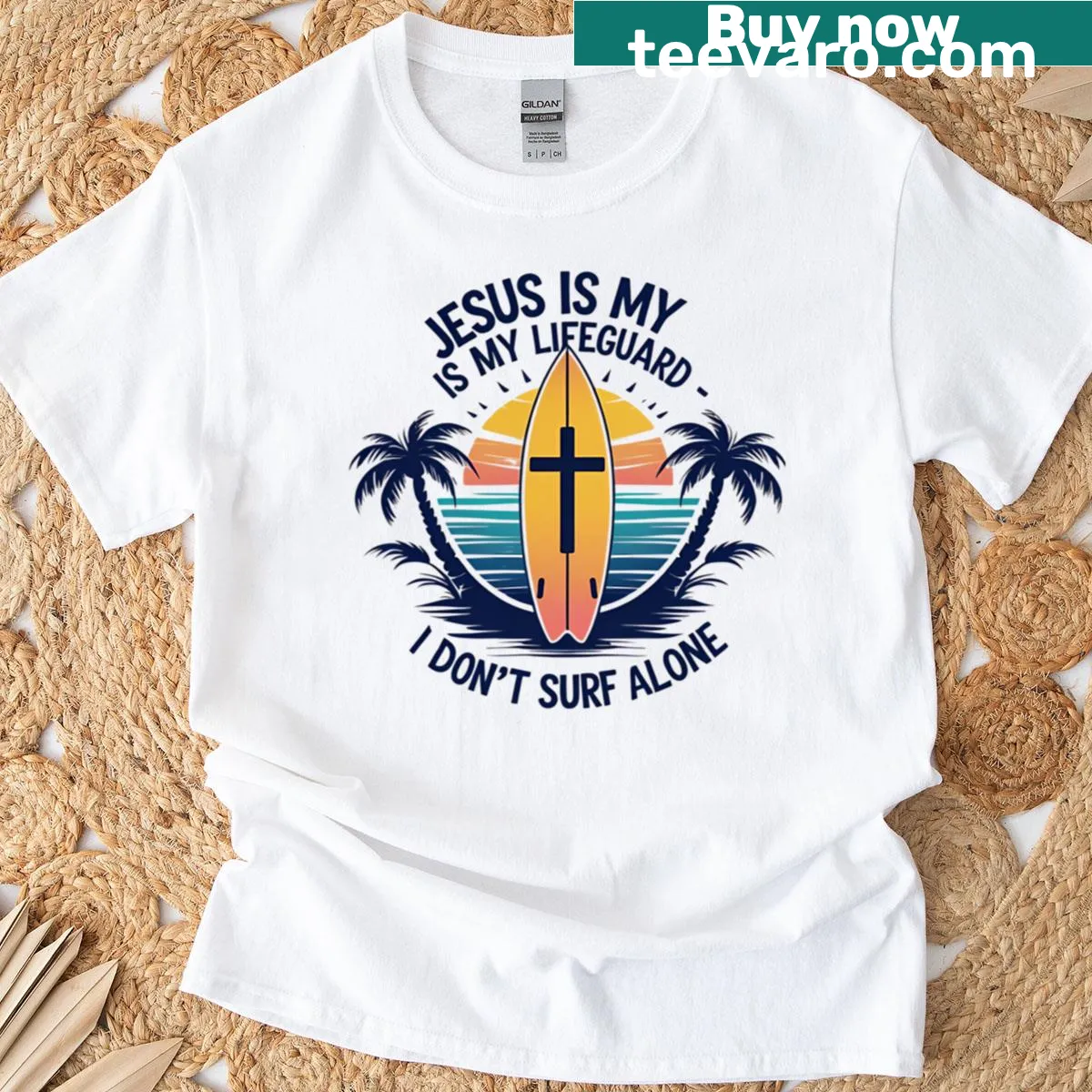 T-shirt with 'Jesus Is My Lifeguard' text and surfboard graphic — on a men's t-shirt