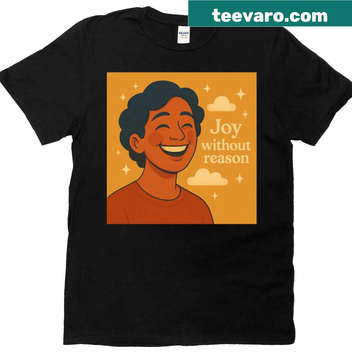 Minimalist T-shirt with a happy portrait and hand-lettered text — on a men's t-shirt