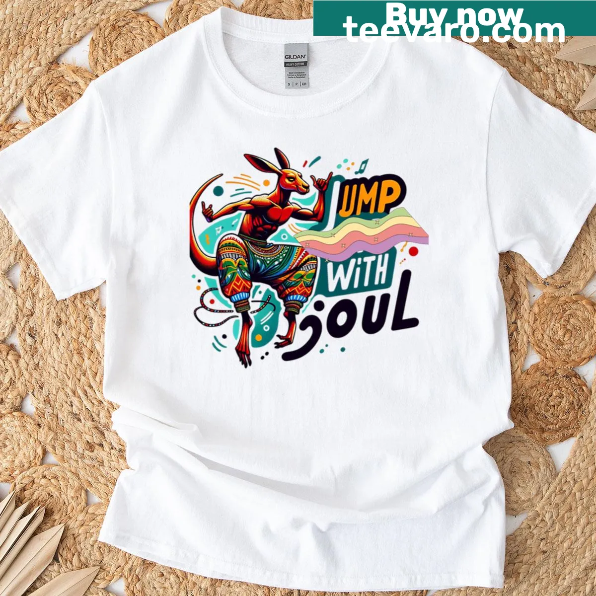 Kangaroo jumping in tribal dance art style on a T-shirt — on a men's t-shirt