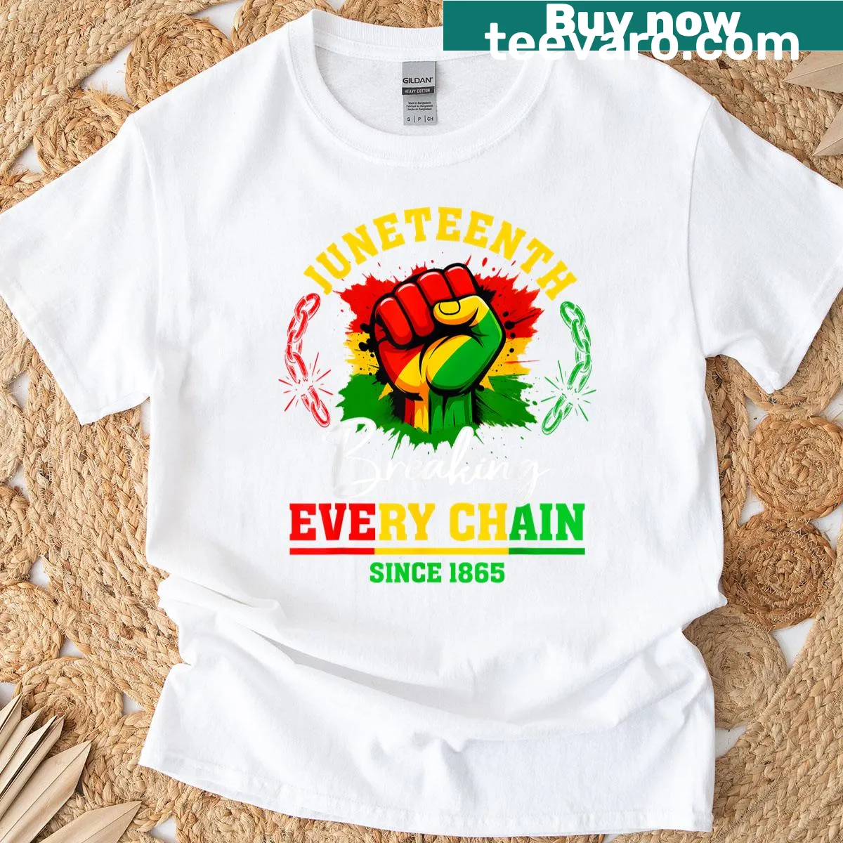 Juneteenth T-shirt with 'Breaking Every Chain' text and year 1865 — on a men's t-shirt