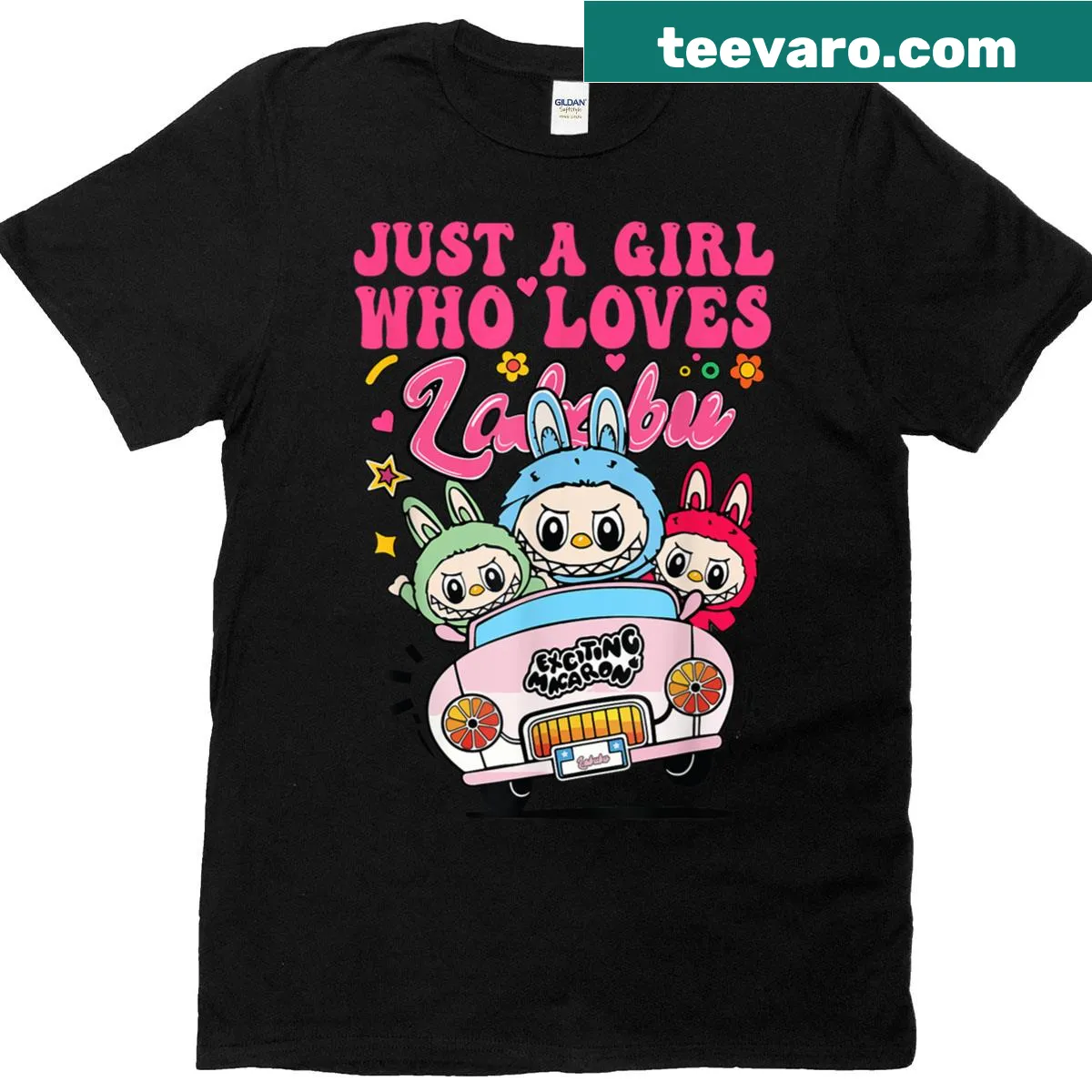 Cartoon-style t-shirt featuring Labubu and a humorous slogan. — on a men's t-shirt