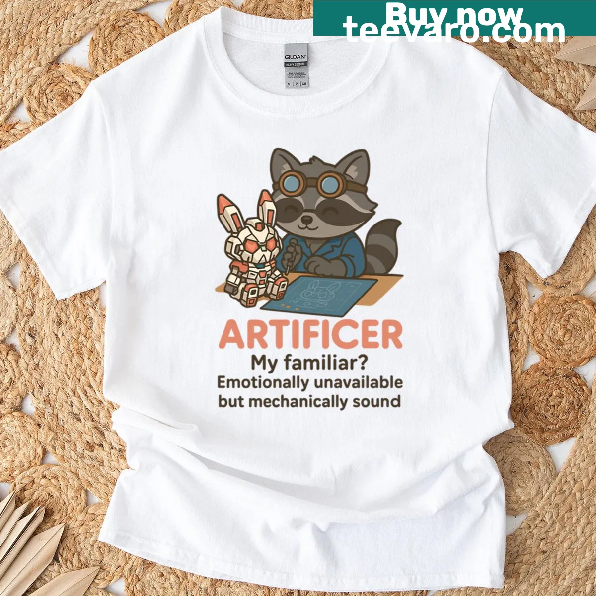 Cute raccoon and mecha bunny illustration on an oversized T-shirt — on a men's t-shirt