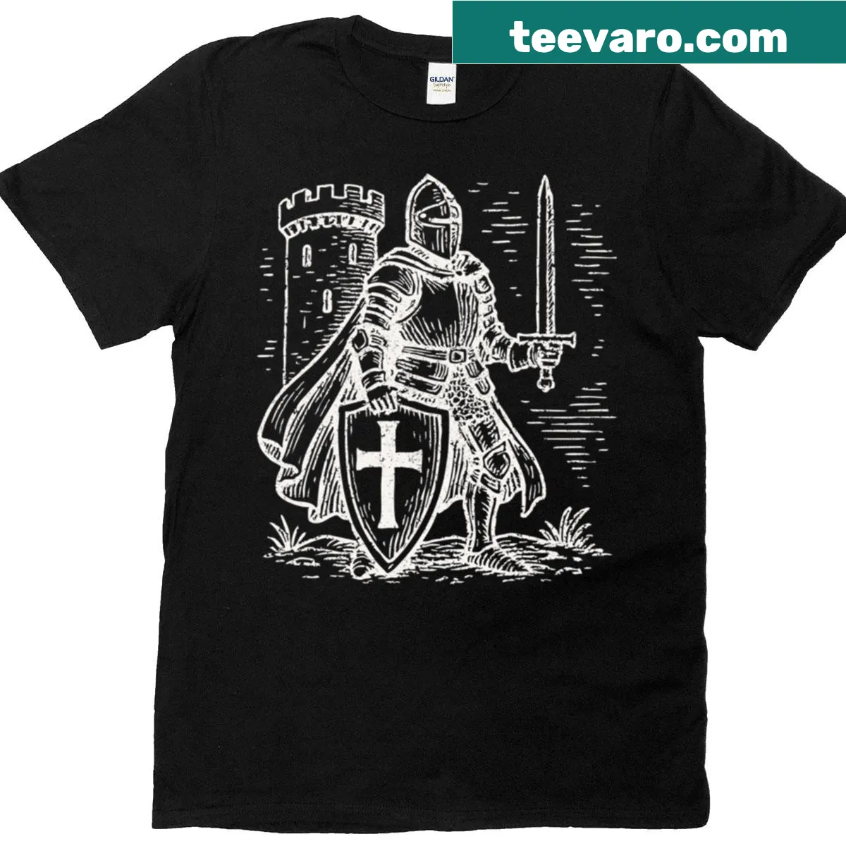 Illustrated knight with sword and shield on white-distressed t-shirt. — on a men's t-shirt