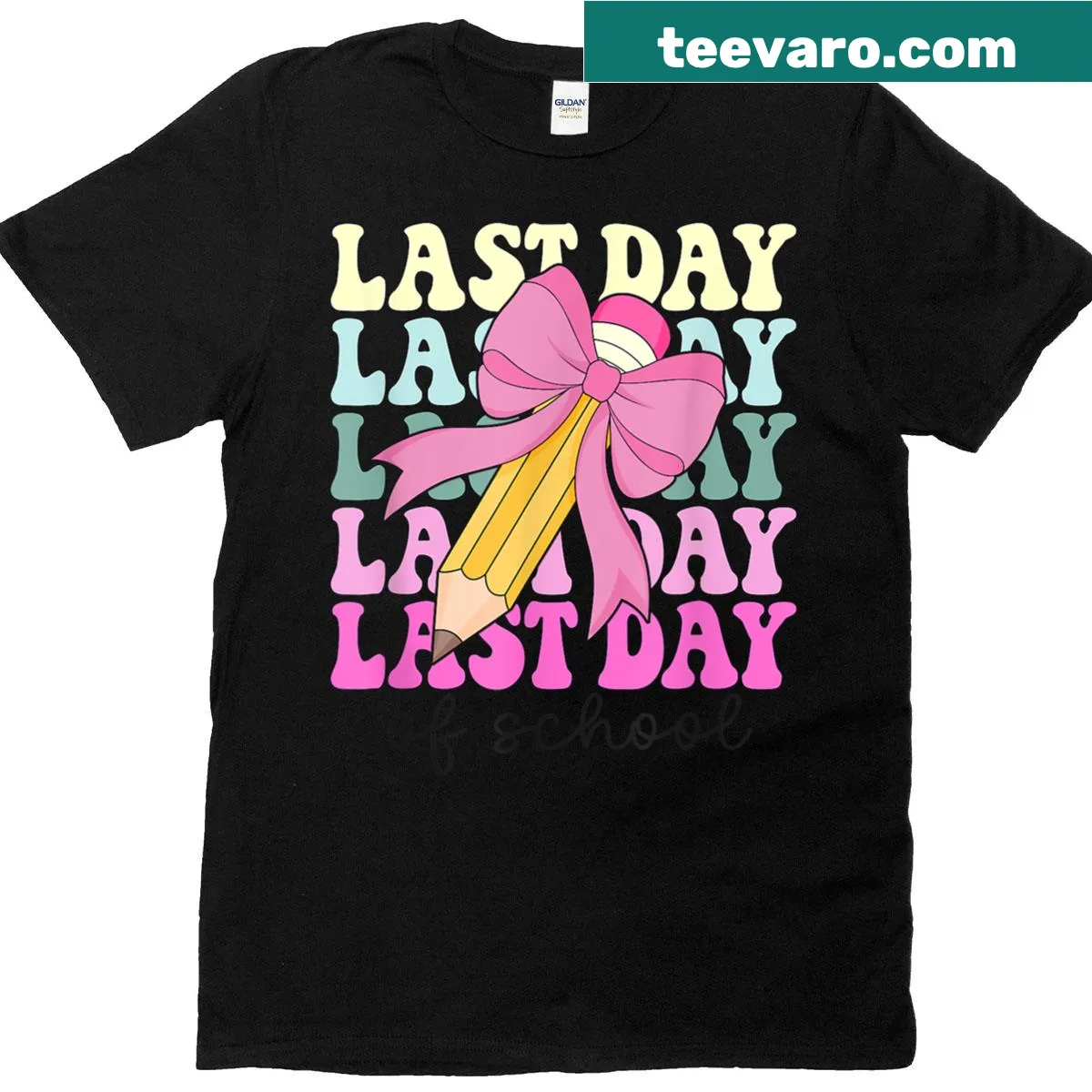 Cute teacher t-shirt for last day of school with coquette bow — on a men's t-shirt