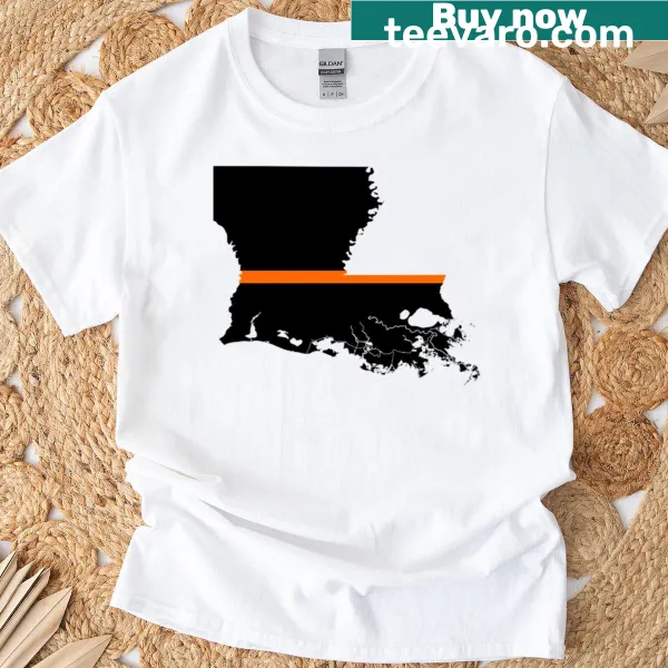 Thin orange line emblem representing Louisiana on a T-shirt