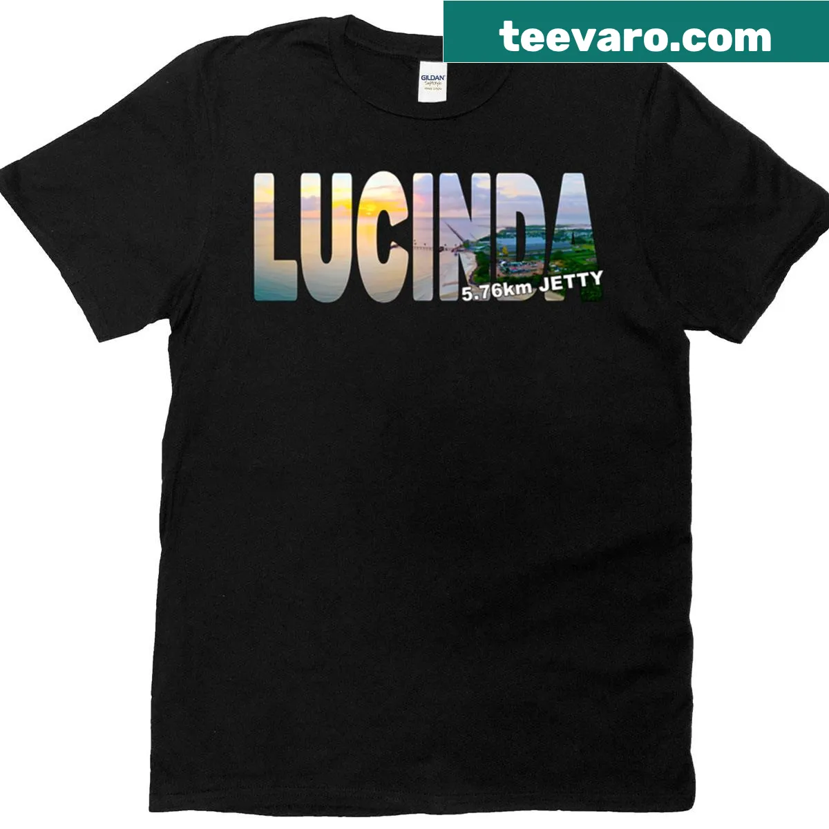 Oversized T-shirt featuring sunrise over the Sugar Terminal at Lucinda Jetty — on a men's t-shirt