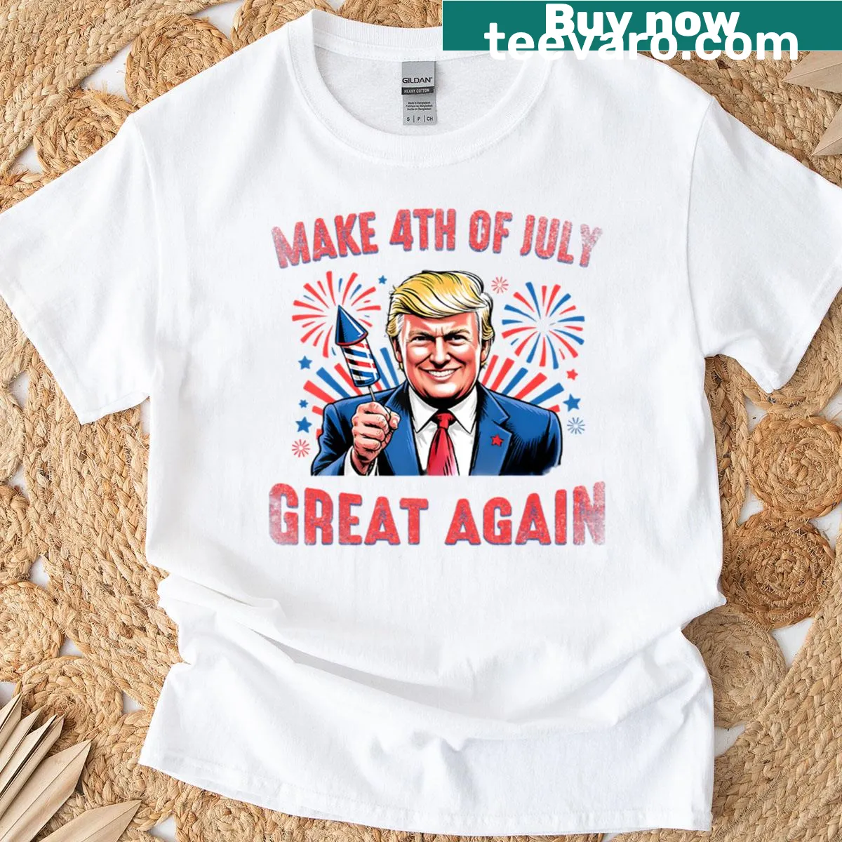 Trump Patriotic Firework T-shirt with festive design — on a men's t-shirt