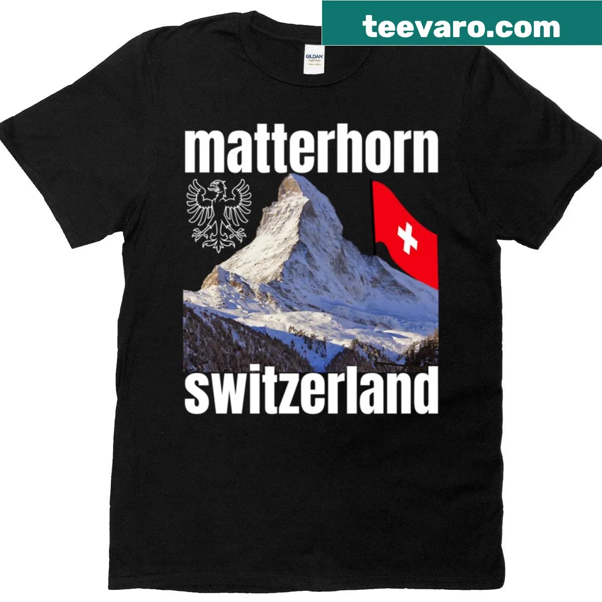 Illustrated T-shirt featuring the Matterhorn in Switzerland — on a men's t-shirt