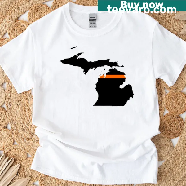 Michigan-themed T-shirt featuring the Thin Orange Line design.