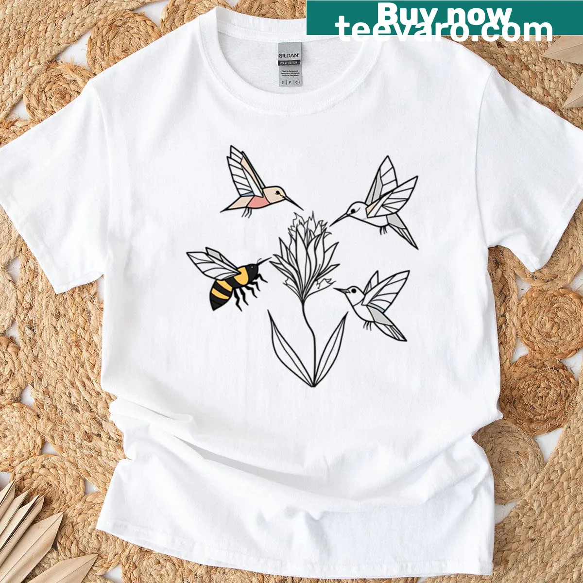 Minimalist geometric design of pollinators on a T-shirt — on a men's t-shirt