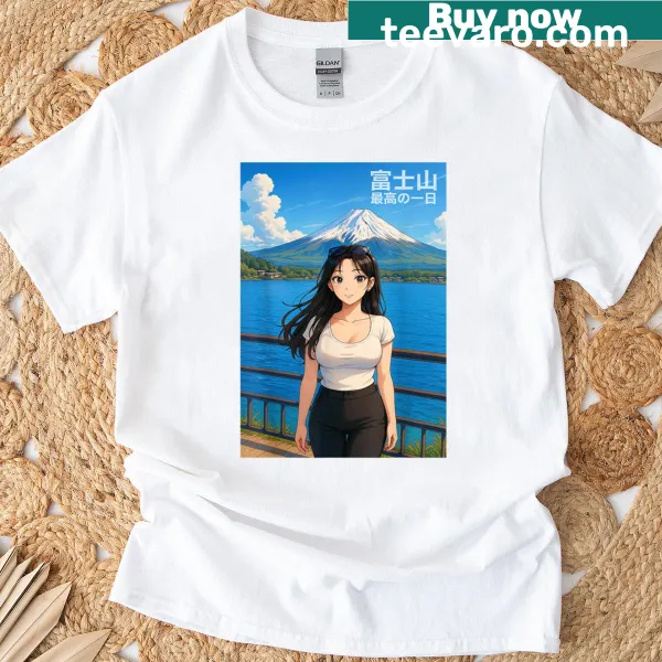Cute woman illustration with Mount Fuji in manga style on T-shirt