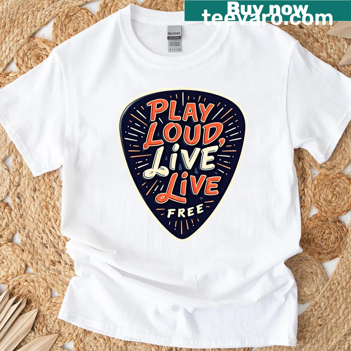 Guitar pick design T-shirt with the phrase 'Play Loud Live Live Free' — on a men's t-shirt