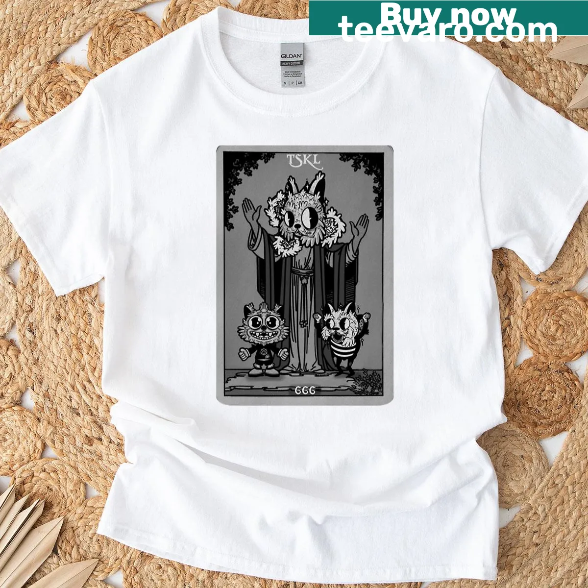 Tattoo style T-shirt with mystical creatures and tarot card design — on a men's t-shirt