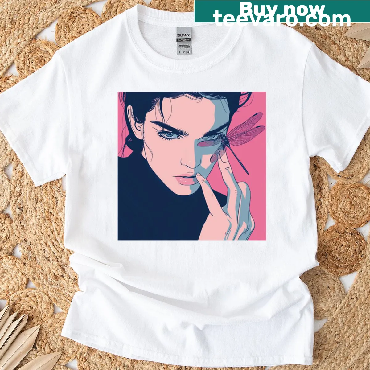T-shirt featuring a whimsical dragonfly illustration in neo-pop style — on a men's t-shirt
