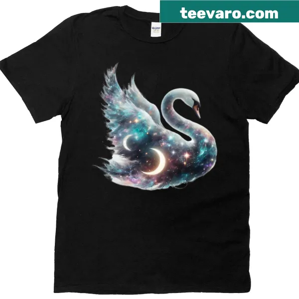 Mystical swan design with stardust and cosmic lake on a t-shirt
