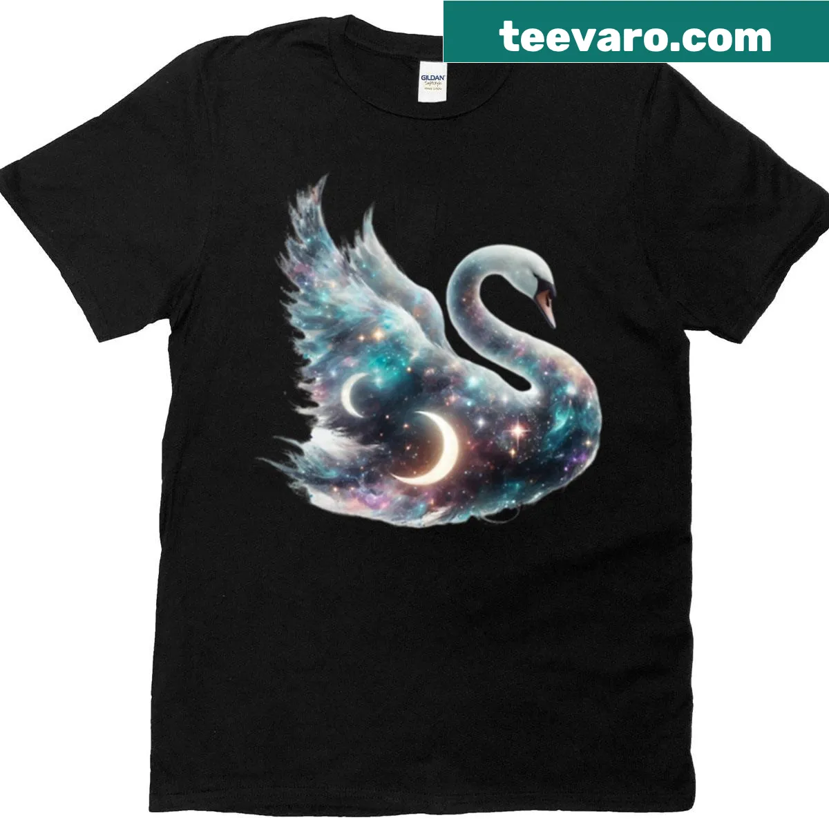 Mystical swan design with stardust and cosmic lake on a t-shirt — on a men's t-shirt