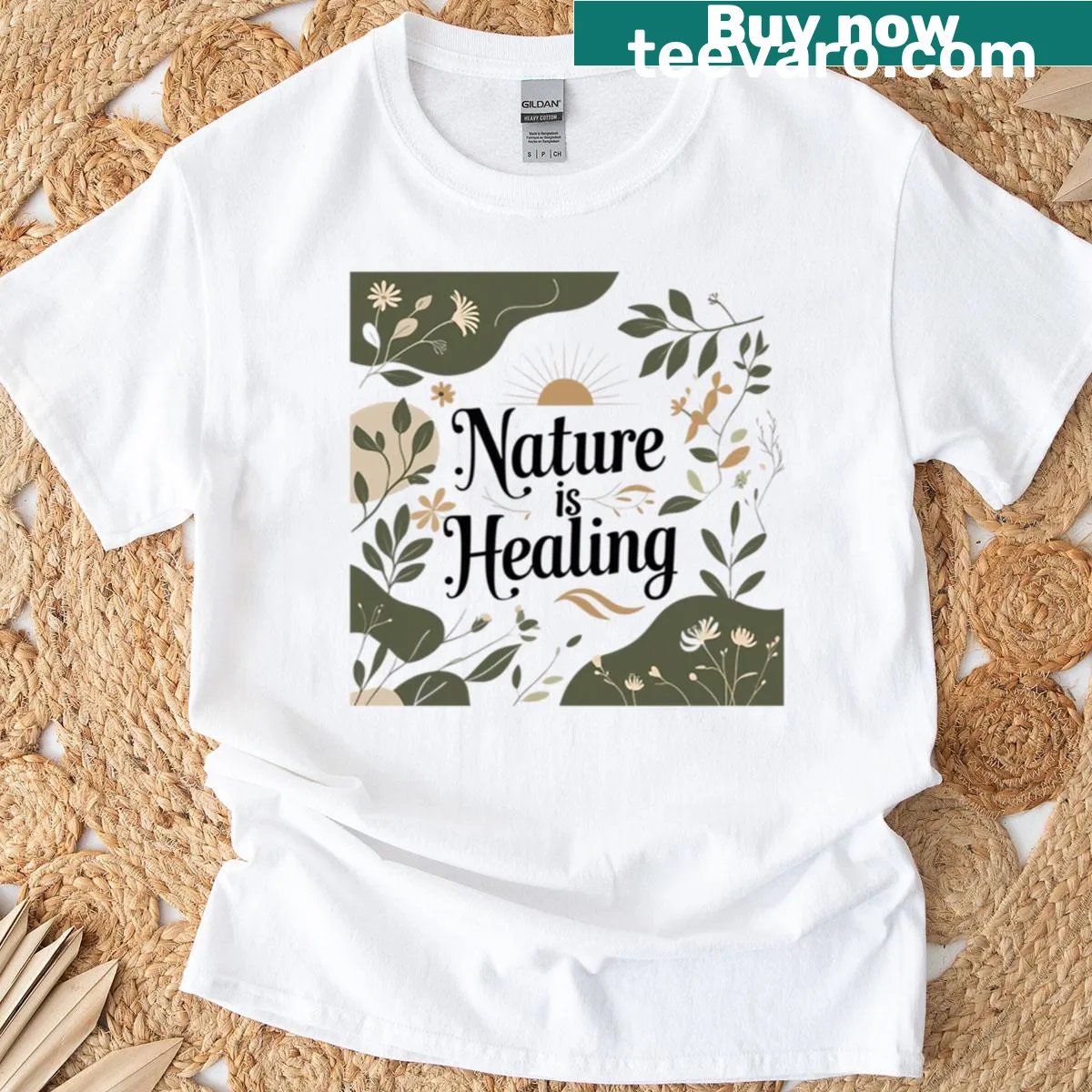Boho style T-shirt with the quote 'Nature is Healing' — on a men's t-shirt