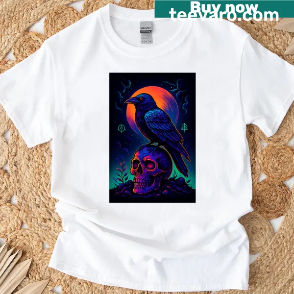 Psychedelic T-shirt with neon raven on a skull illustration
