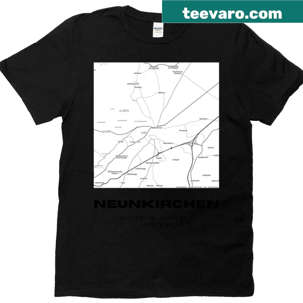 Stylized map of Neunkirchen, Lower Austria, on a t-shirt — on a men's t-shirt