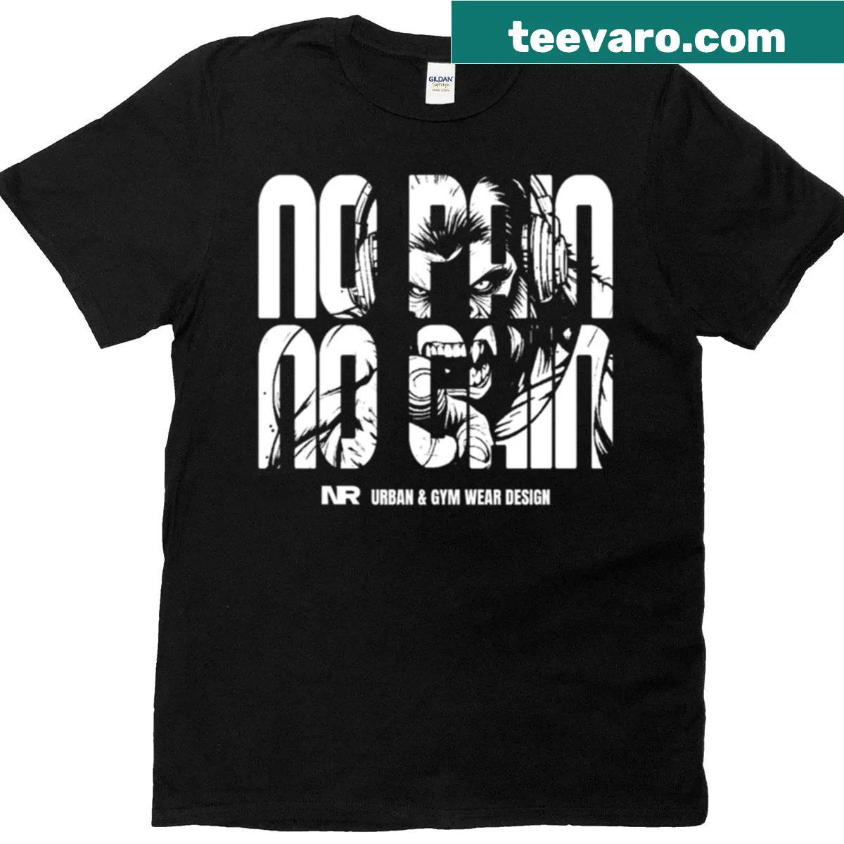 T-shirt featuring a gorilla and the phrase 'No Pain No Gain' — on a men's t-shirt