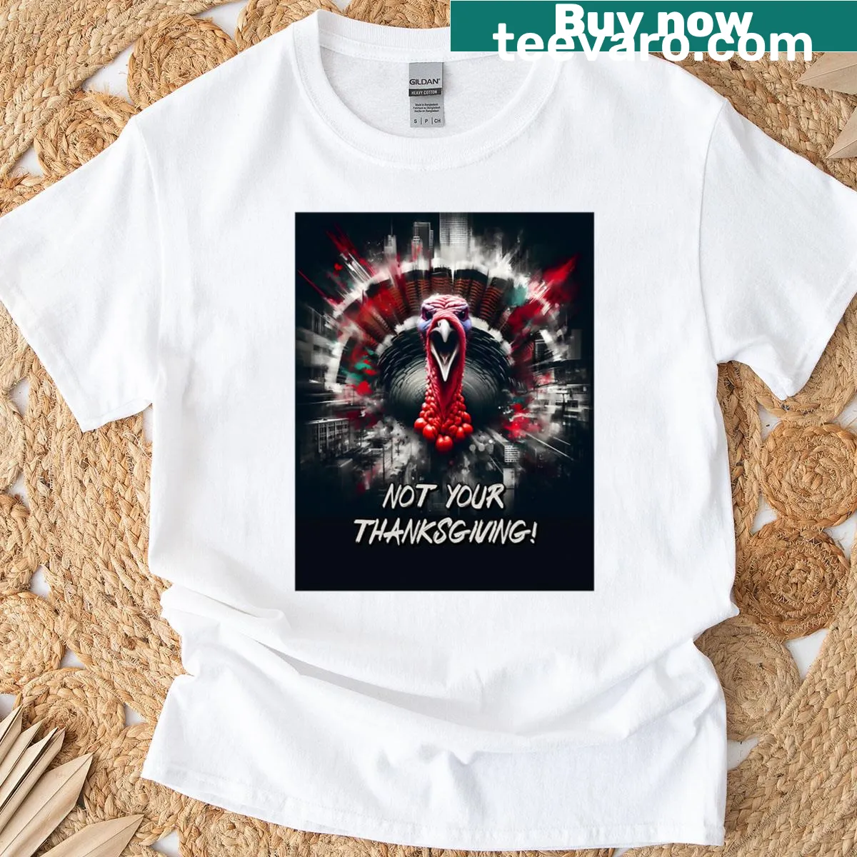 Oversized T-shirt with a funny rebellious turkey graphic for Thanksgiving. — on a men's t-shirt