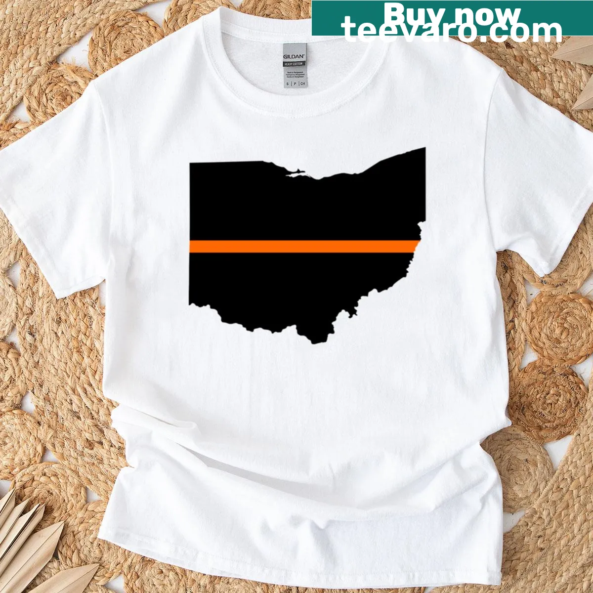 Ohio t-shirt with thin orange line design — on a men's t-shirt