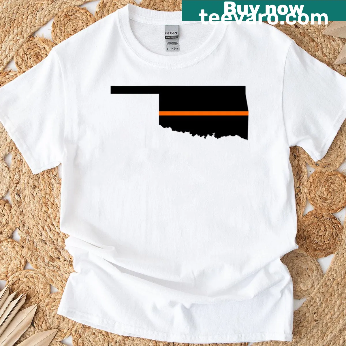Oklahoma t-shirt with thin orange line design — on a men's t-shirt