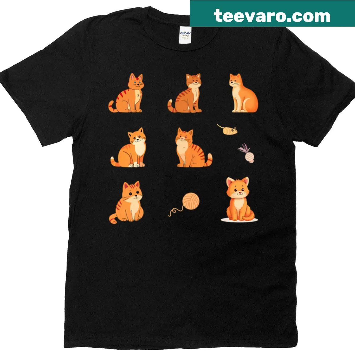 Illustrated T-shirt with orange cats and toys — on a men's t-shirt