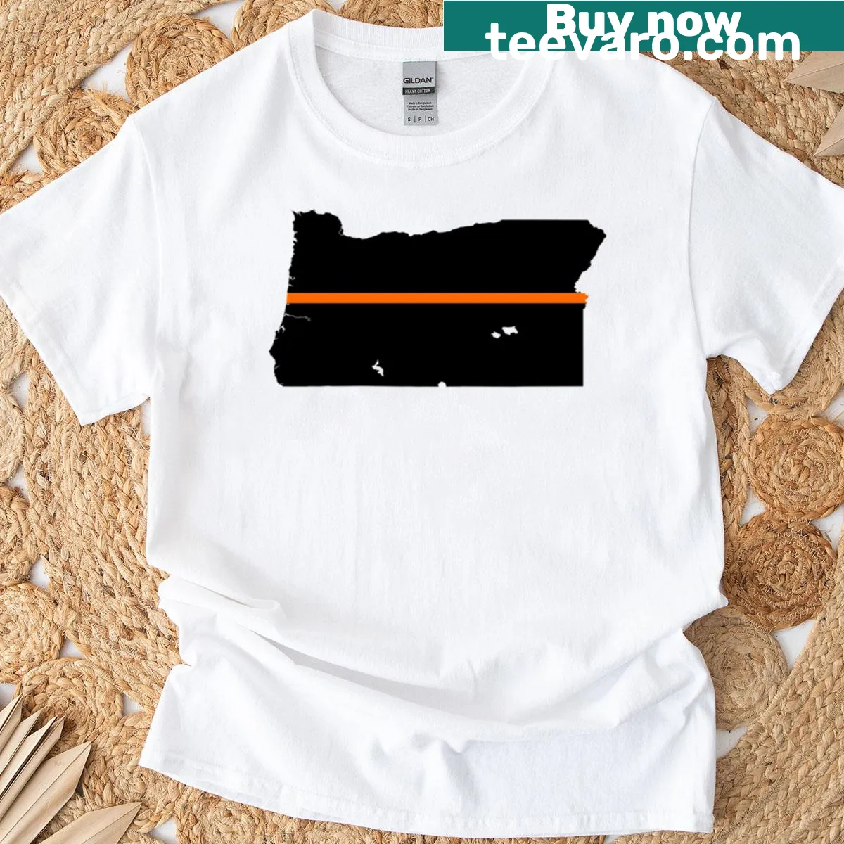 Oregon Thin Orange Line T-shirt with state outline and symbolism — on a men's t-shirt