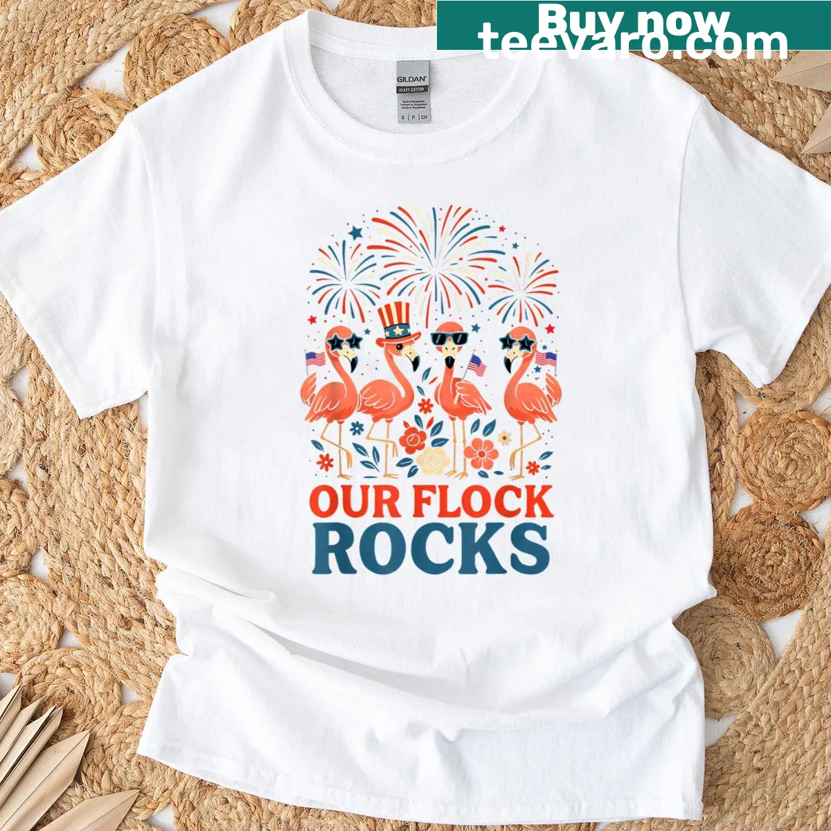 Patriotic flamingo t-shirt with 'Our Flock Rocks' text — on a men's t-shirt