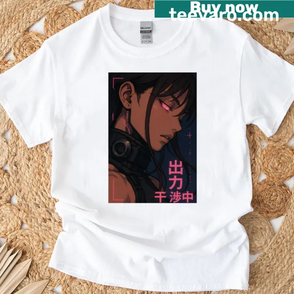 Cybernetic anime girl illustration with neon pink eye on t-shirt