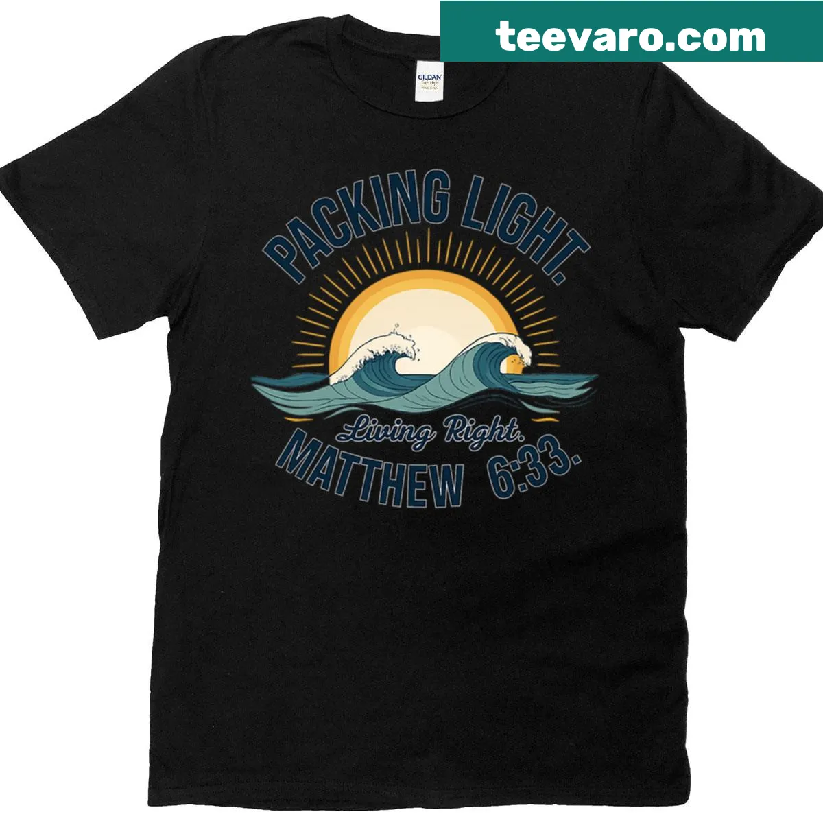 Inspirational T-shirt with 'Packing Light Living Right' text from Matthew 6:33 — on a men's t-shirt