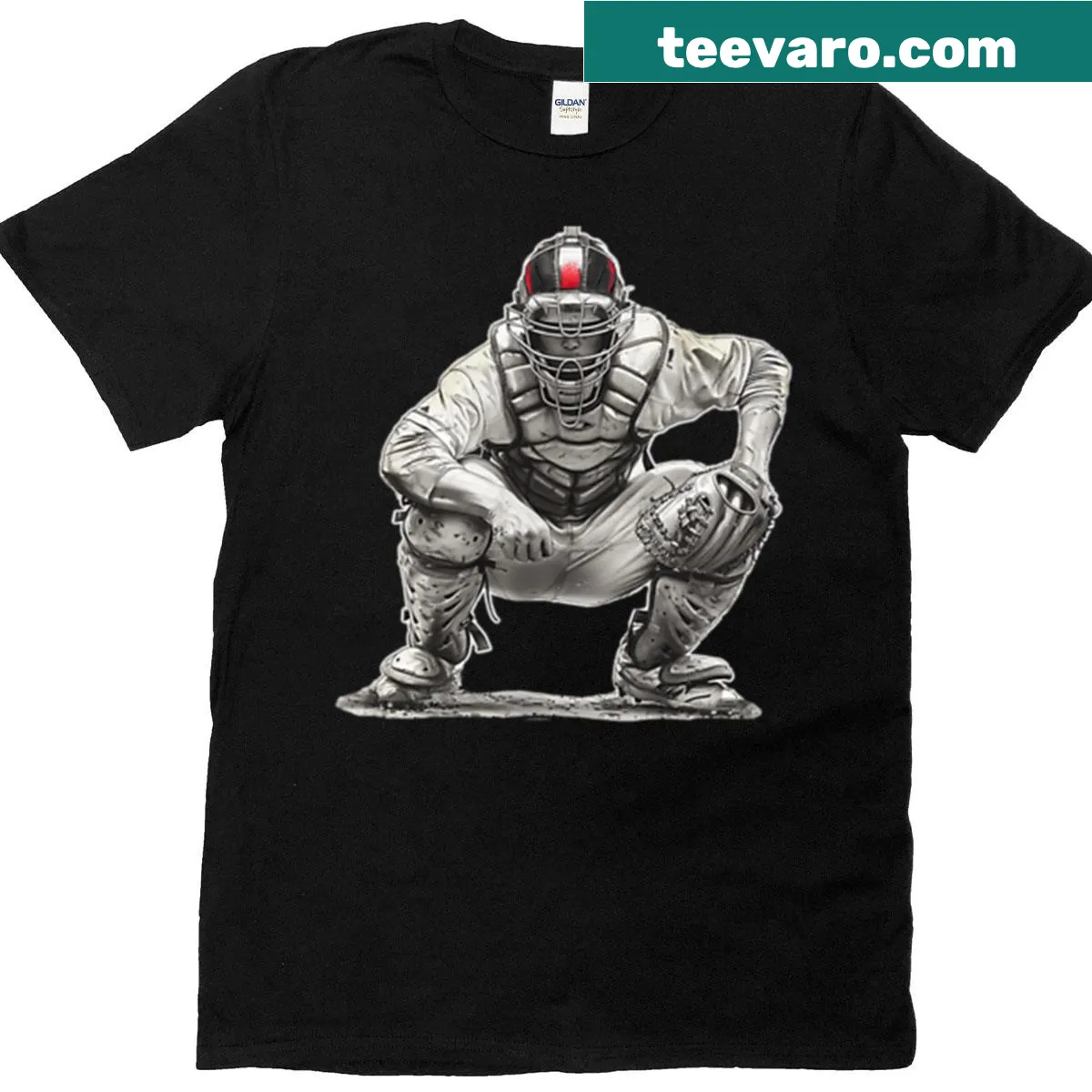 Hand-drawn baseball catcher illustration on a T-shirt — on a men's t-shirt