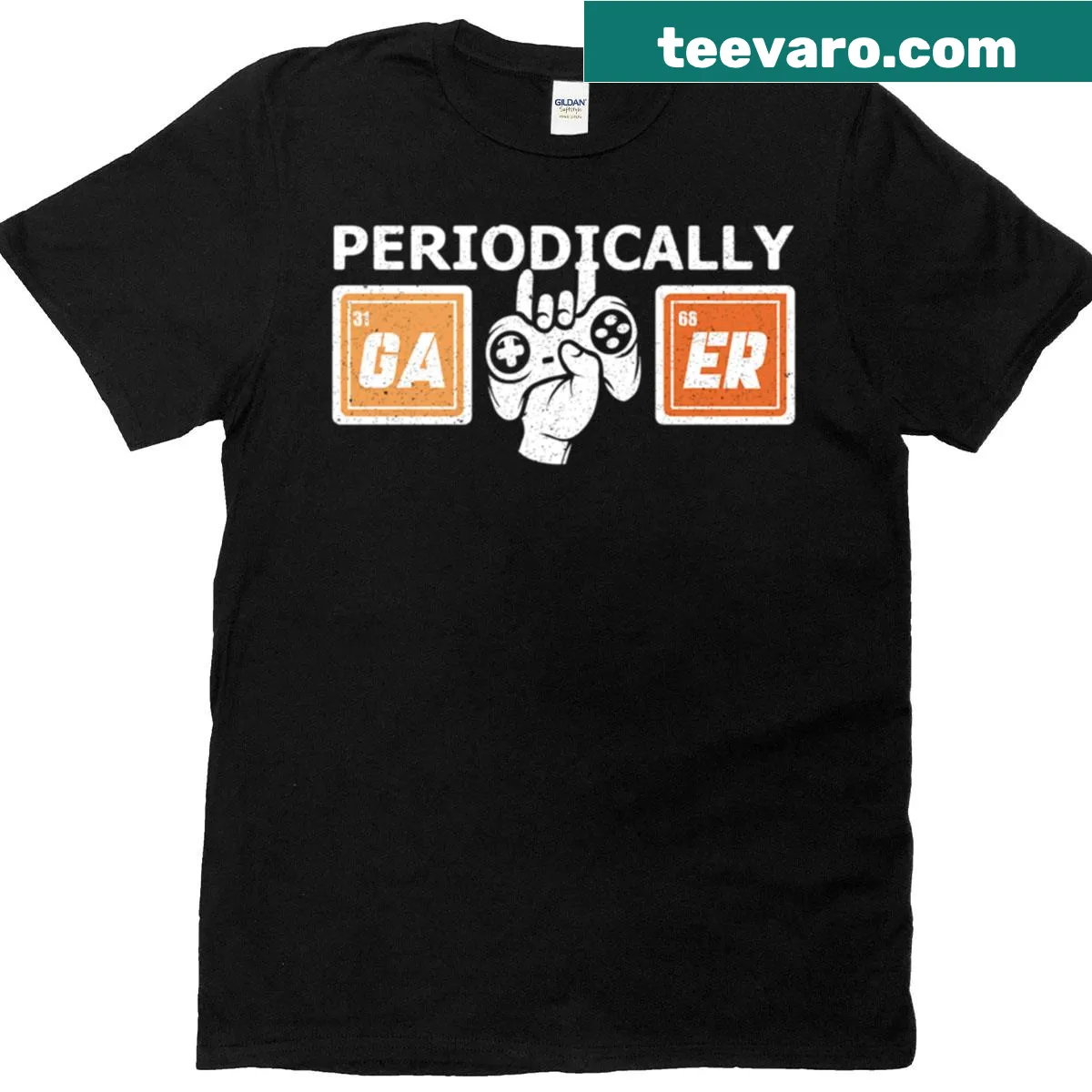 Gamer-themed t-shirt with periodic table elements reimagined for gaming — on a men's t-shirt