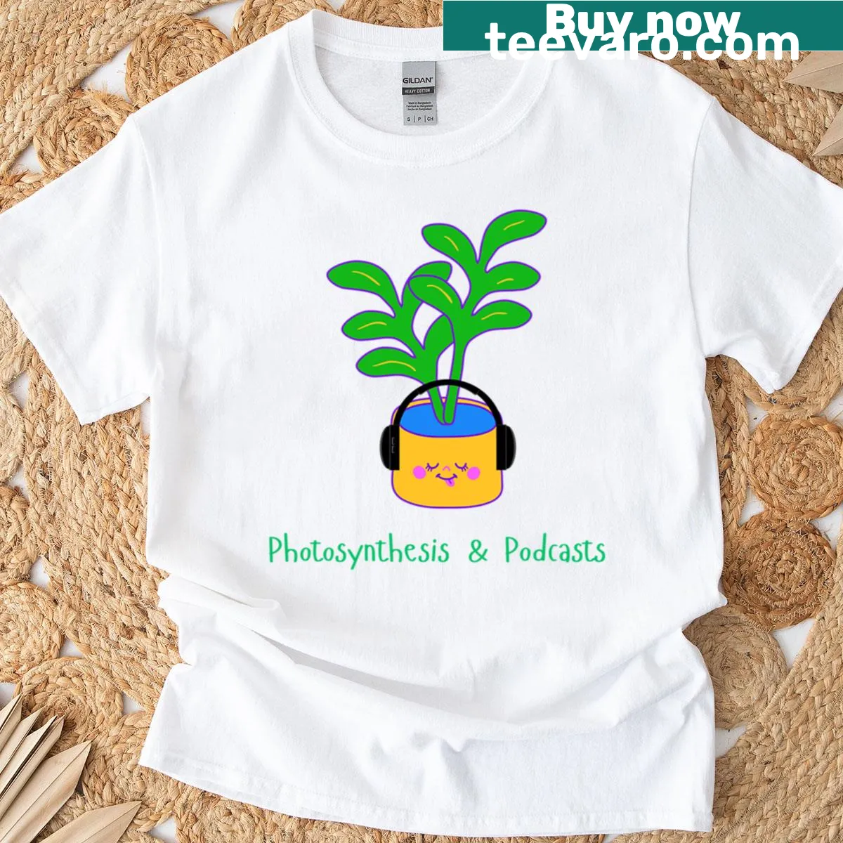 Oversized t-shirt with photosynthesis and podcasts themed typography — on a men's t-shirt