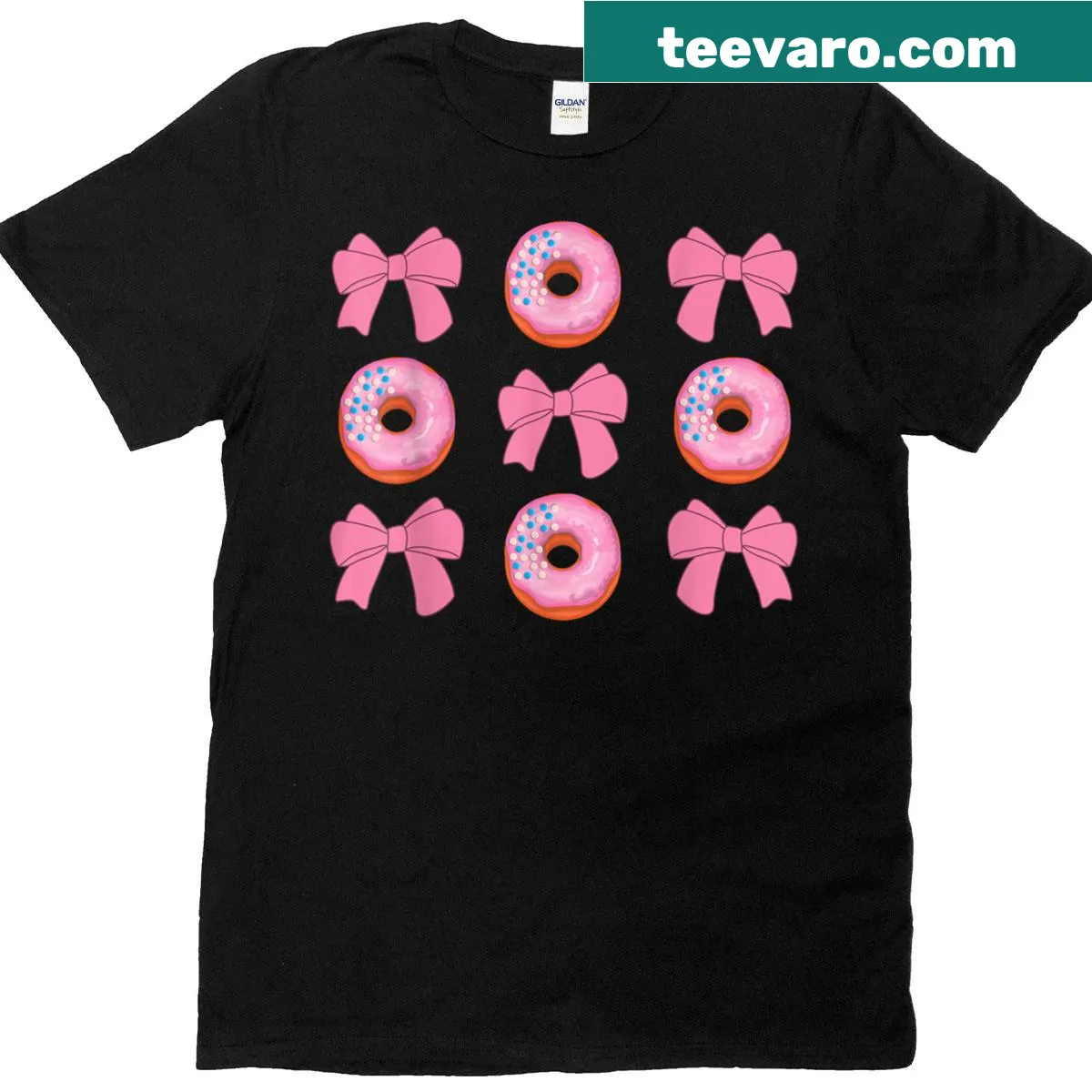 Cute graphic t-shirt with pink bow and donut design — on a men's t-shirt