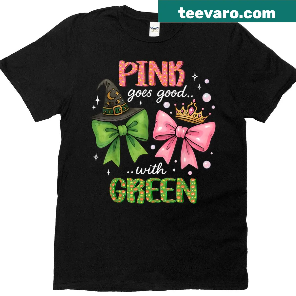 Whimsical witch character in pink and green on T-shirt — on a men's t-shirt