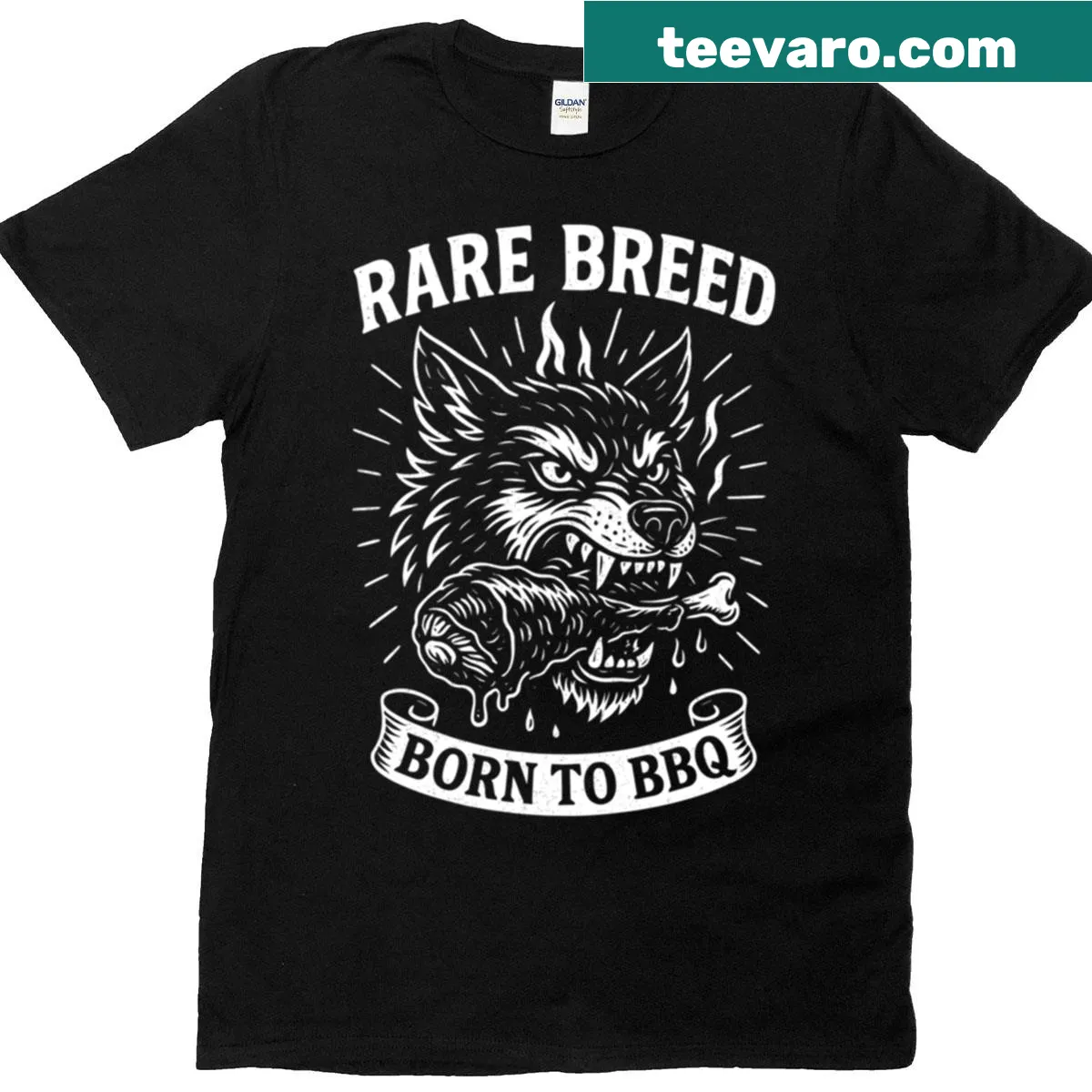 T-shirt with a wolf and BBQ graphic, proclaiming 'Pit Master Rare Breed Born To BBQ' — on a men's t-shirt