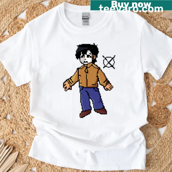 Pixel art graphic of a mask on a retro-themed t-shirt
