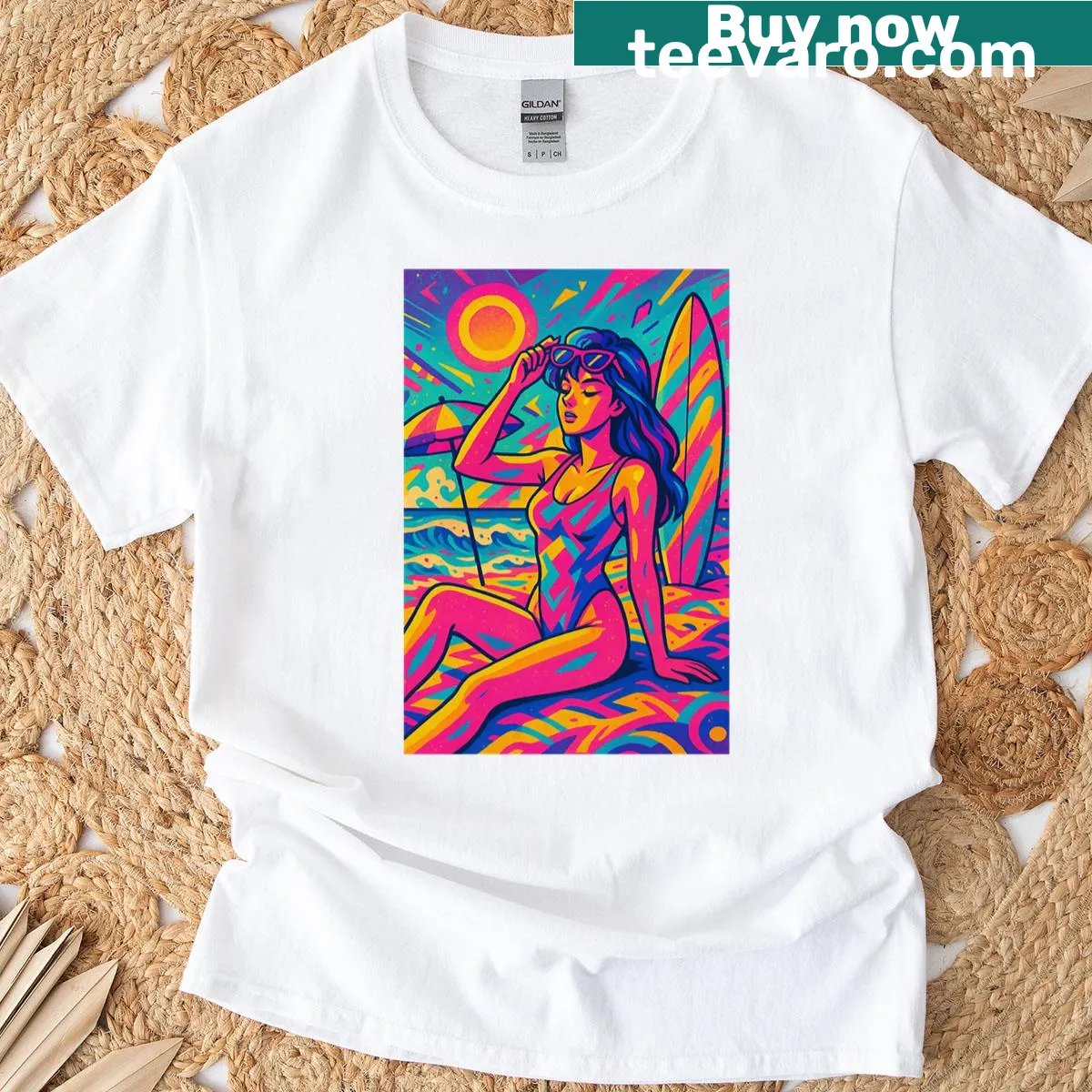 T-shirt featuring an illustration of a sunset in Surfers Paradise — on a men's t-shirt