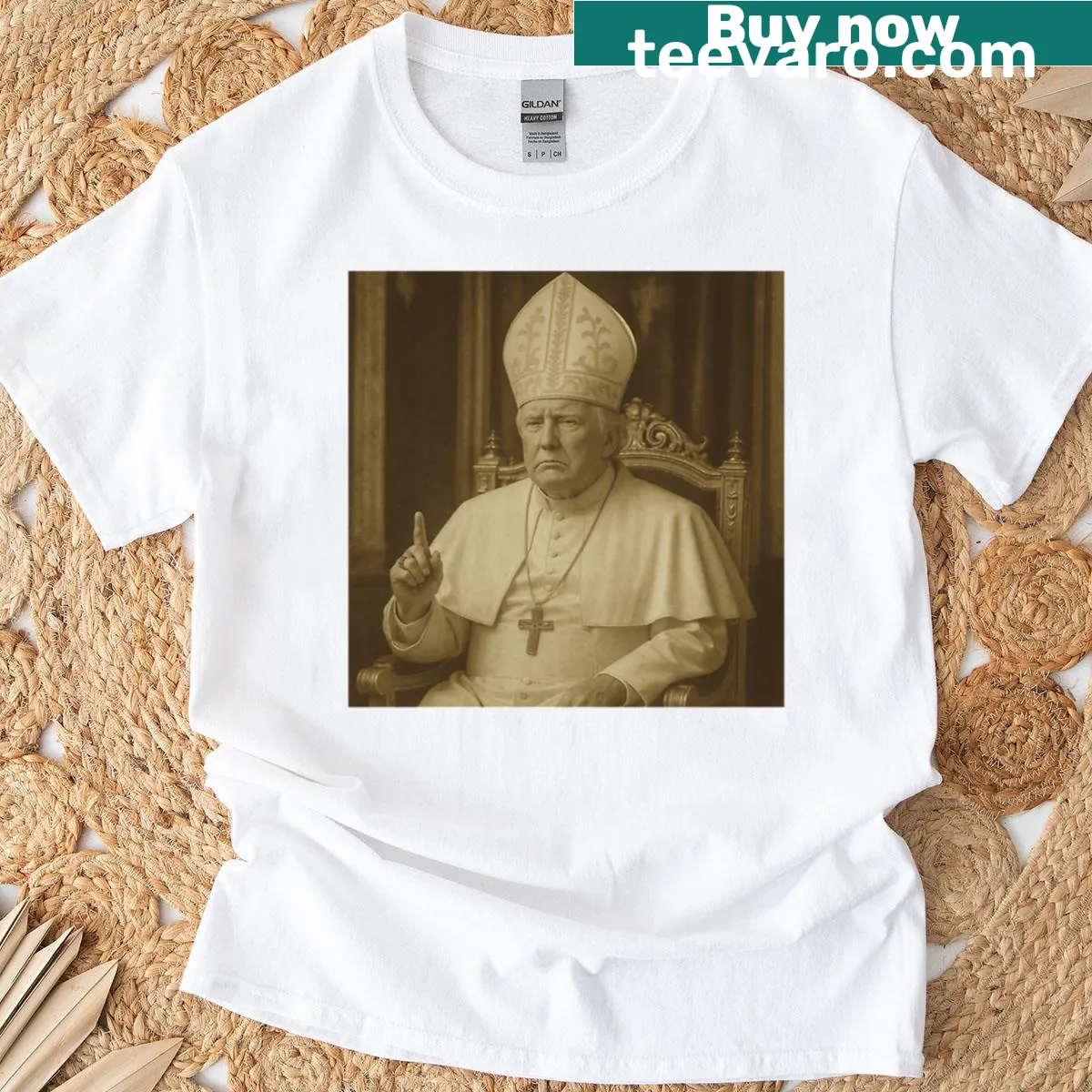 Typography design referencing Pope and Trump on oversized t-shirt — on a men's t-shirt