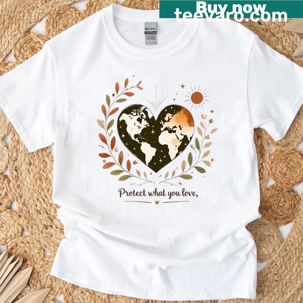 Boho eco design t-shirt featuring heart and nature motifs. — on a men's t-shirt