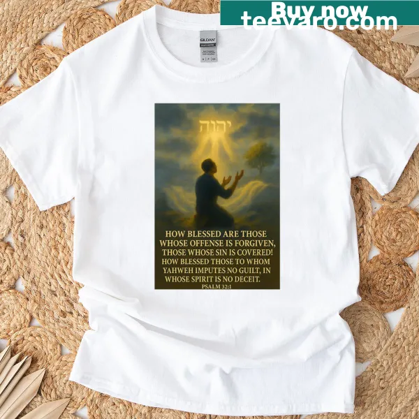 Oversized t-shirt with Psalm 32 message about forgiveness.