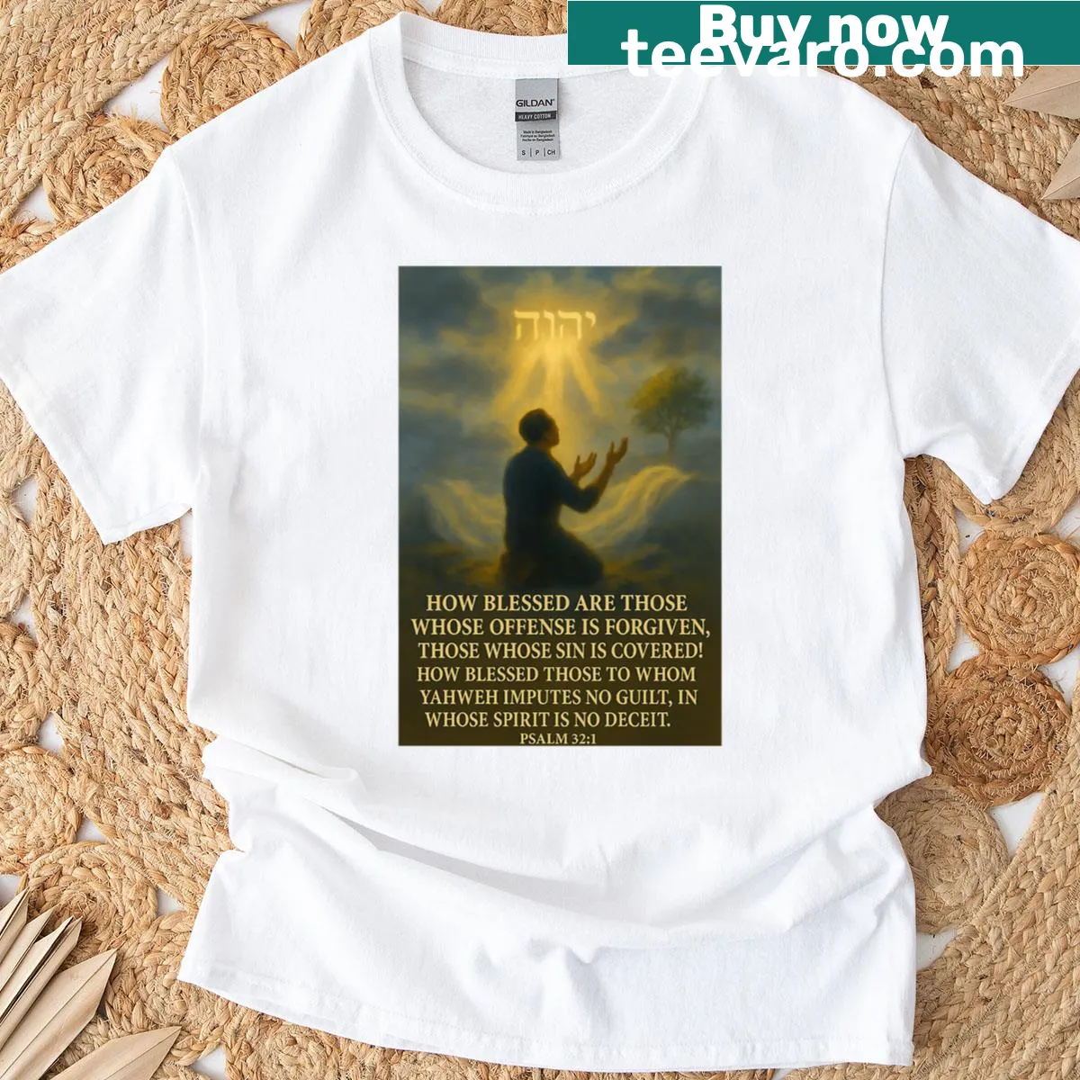Oversized t-shirt with Psalm 32 message about forgiveness. — on a men's t-shirt