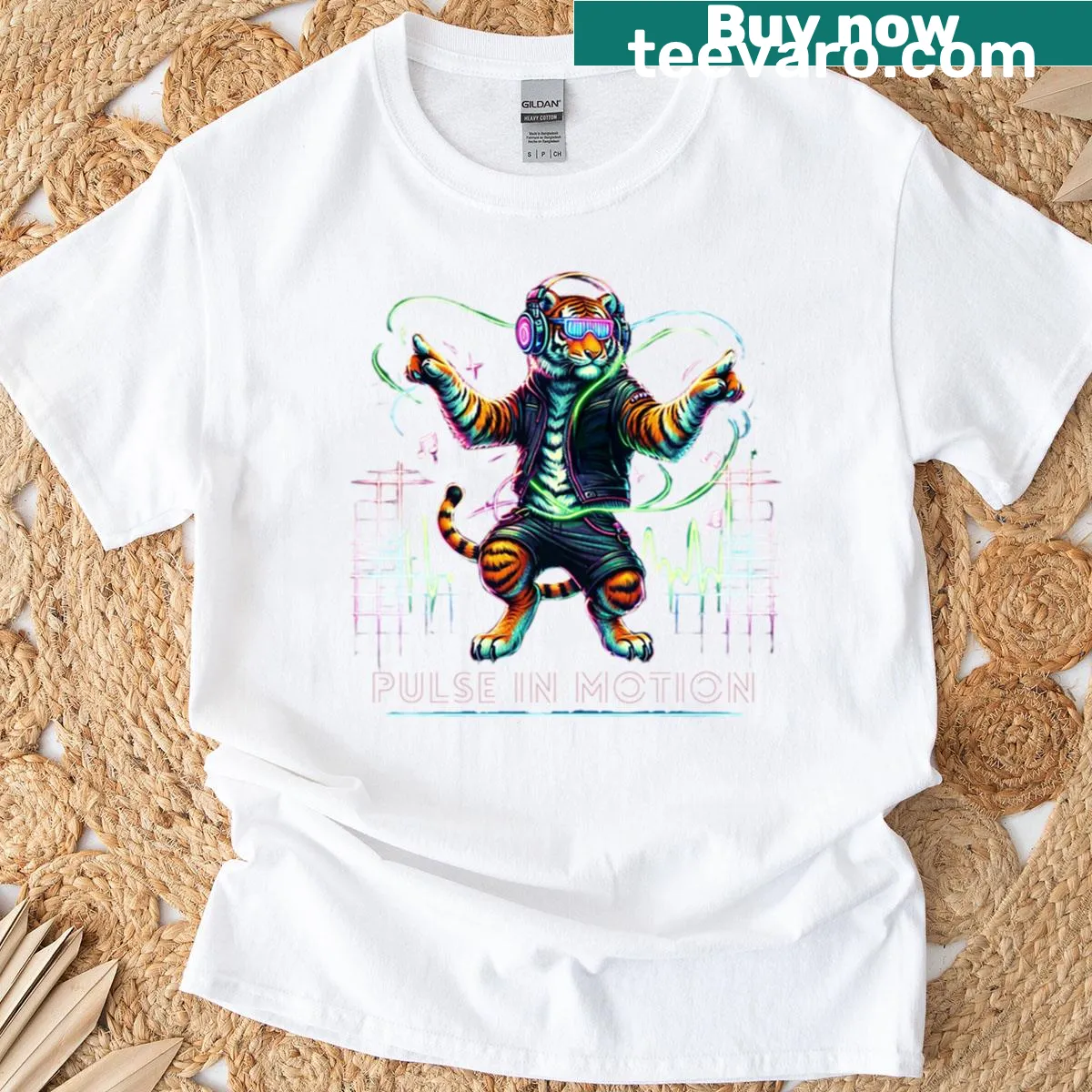 T-shirt featuring a dynamic neon tiger design celebrating dance and energy. — on a men's t-shirt